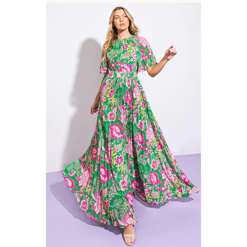 Flying Tomato All Night Revival Floral Maxi Dress Green Pink Size S Boho Cottage
